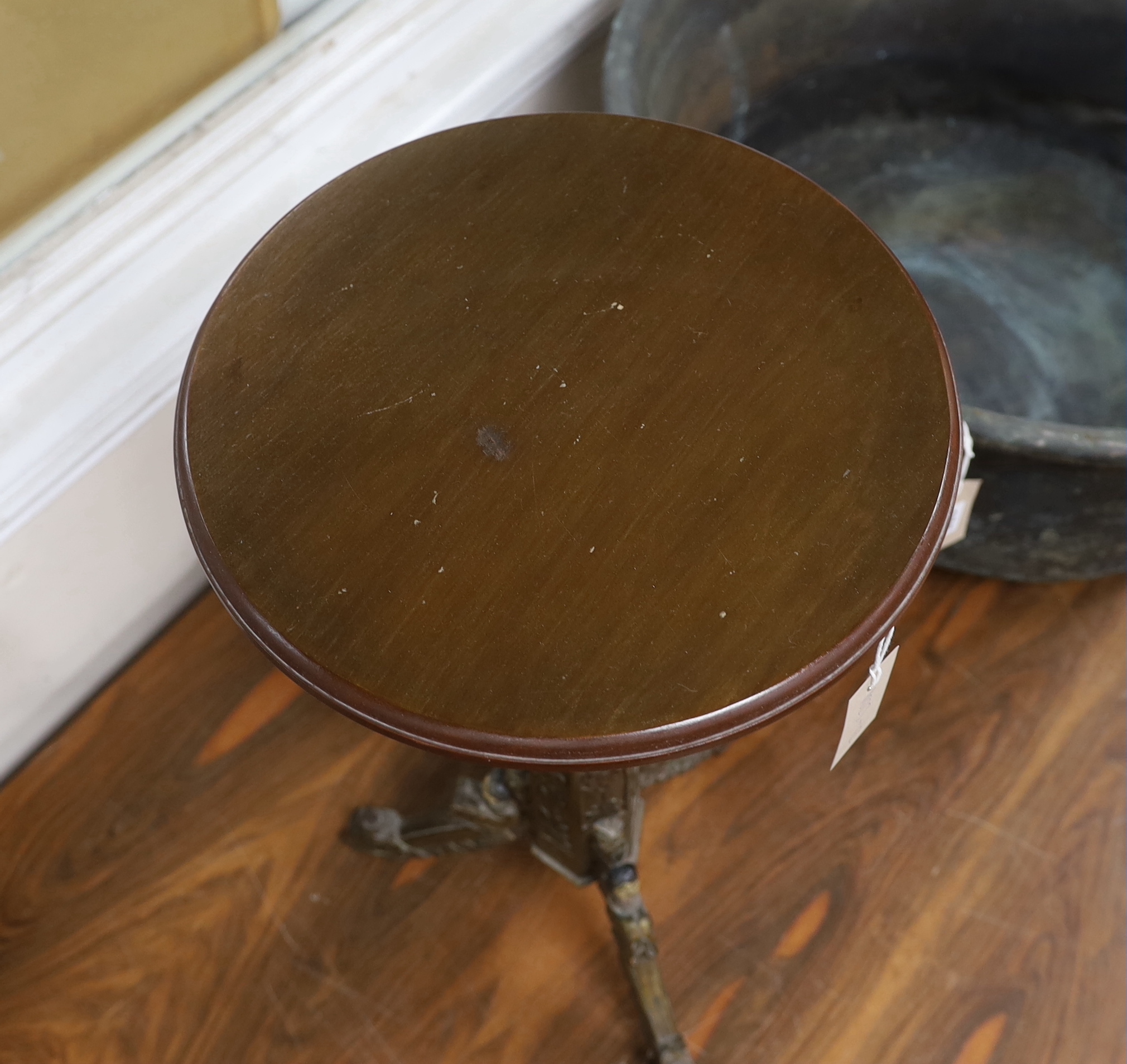 A Chinese carved wood wine table, width 34cm, height 60cm